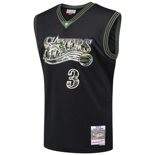 3 - Men's Mitchell & Ness Allen Iverson Black Philadelphia 76ers Straight Fire Camo Swingman Jersey - Black