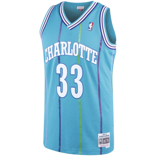 33 - Men's Mitchell & Ness Alonzo Mourning Teal Charlotte Hornets 1992-93 Hardwood Classics Swingman Jersey - Aqua