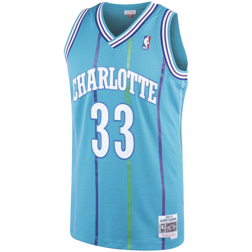 33 - Men's Mitchell & Ness Alonzo Mourning Teal Charlotte Hornets 1992-93 Hardwood Classics Swingman Jersey - Aqua