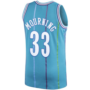 33 - Men's Mitchell & Ness Alonzo Mourning Teal Charlotte Hornets 1992-93 Hardwood Classics Swingman Jersey - Aqua