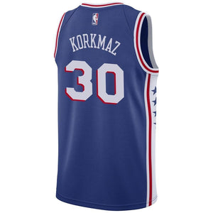 30 - Men's Nike Furkan Korkmaz Royal Philadelphia 76ers Swingman Sponsor Patch Jersey - Icon Edition - Royal